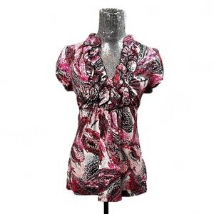 Y2K Ruffle Babydoll Empire Waist Tie-Back V Neck Pink Black Blouse Top Large